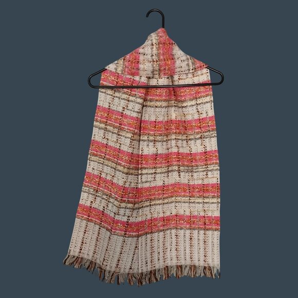 Pink White Wool Blend Scarf With Fringe Made In France Vintage - Picture 2 of 5
